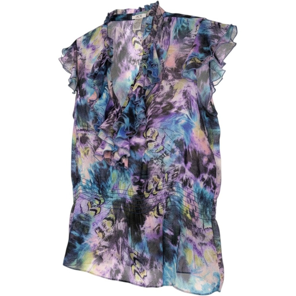 Cache Ruffle V-Neck Smocked Blouse Size M Multicolor Watercolor Sheer Top